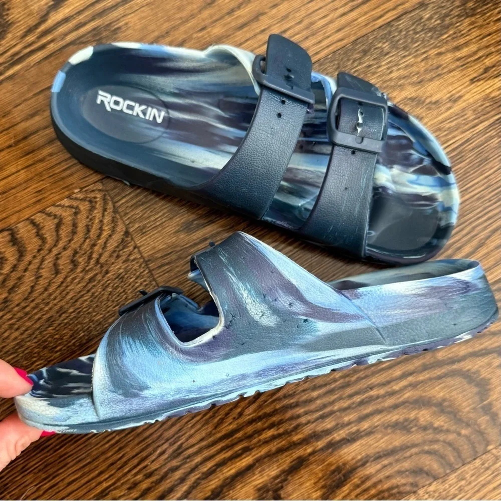 Rockin Blue Marble Double Buckle Slide Sandals Waterproof Beach Pool Shoes 6